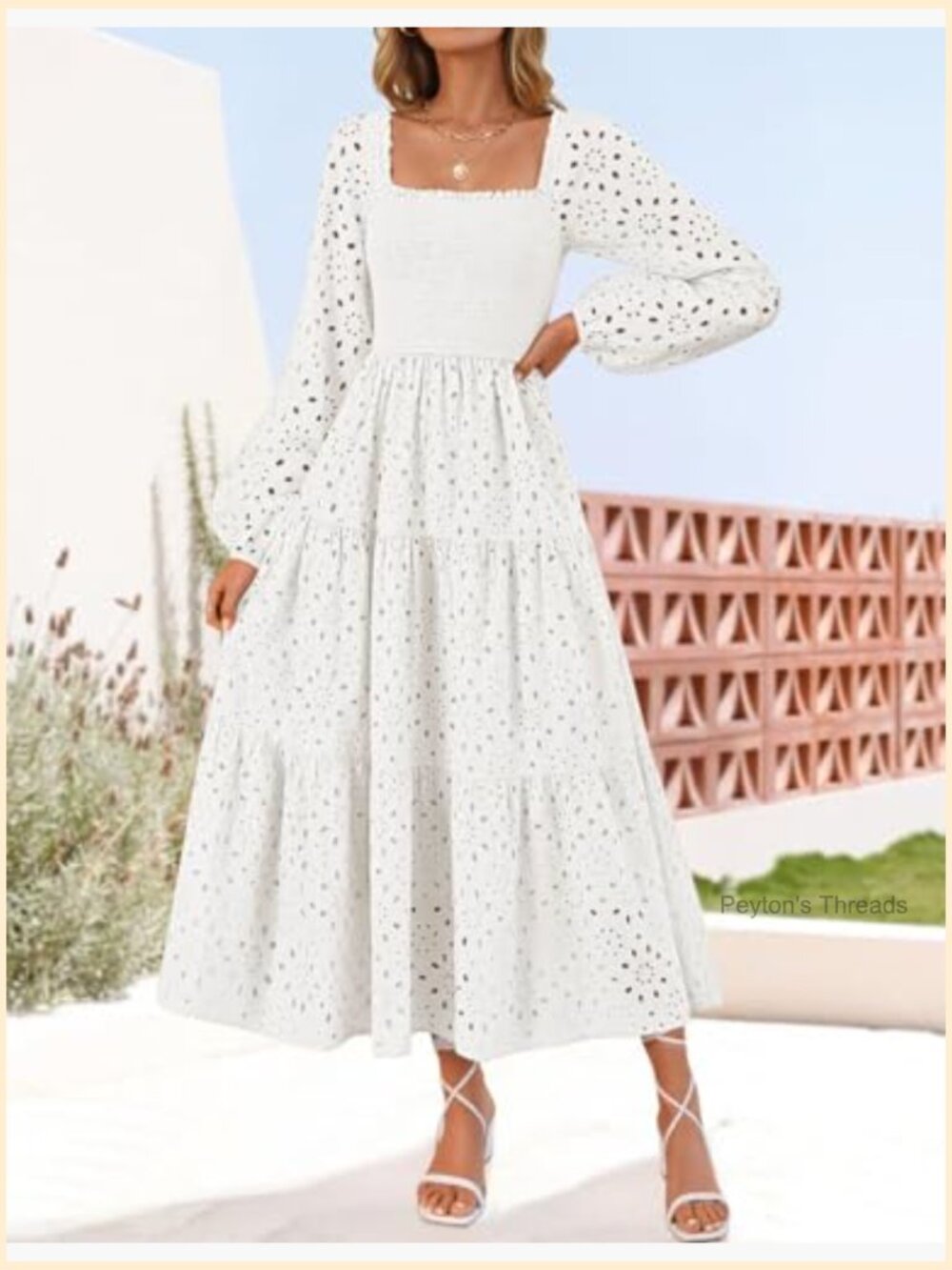 Square Neck Smocked A-Line Maxi Dress with Eyelet Detail - Picture 3 of 7